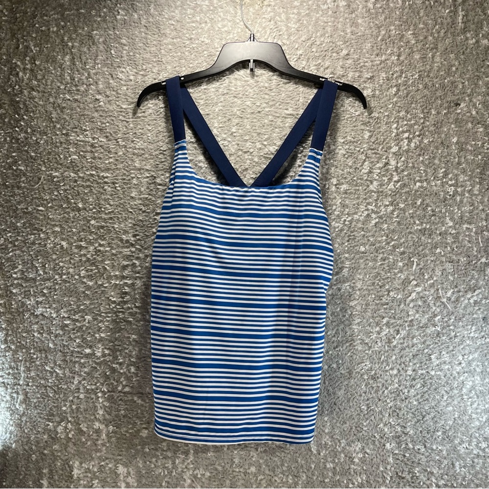 Nike V-Back Tankini Swimsuit Top Blue White Striped Large Padded Polyester Beach
